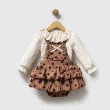 ministok Elise Puantiyeli Vintage Salopet Vefırfır Yakalı Blüz 2'li Kız Bebek Takım - 12 - 18 Ay - Kahverengi