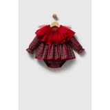 ministok Eloise Çıkarılabilir Yakalı Ekose Desenli Alttan Çıtçıtlı Kız Bebek Elbisesi - Kırmızı - 6 - 9 Ay