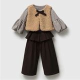 ministok Estelle Ekose Bluz, Yelek Pantolonlu 3'lü Takım - 3 Yaş - Kahverengi