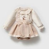 ministok Lisa Carousel Nakış Detaylı Gömlek ve Romperdan Oluşan 2'li Kız Bebek Takım - 6 - 9 Ay - Bej