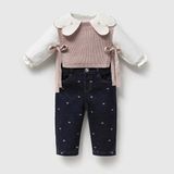 ministok Lumiere Nakışlı Balon Jean Süveter ve Gömlekten Oluşan 3'lü Kız Bebek Takım - 6 - 9 Ay - Pembe
