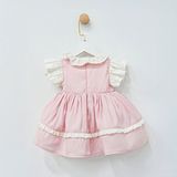 ministok Mira Fırfır Yakalı ve Nakışlı Kız Bebek Elbise - 6 - 9 Ay - Pembe