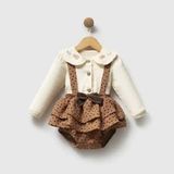 ministok Mocha Bloom Yakası Nakış Detaylı Puantiyeli 2'li Kız Bebek Salopet Takım - 6 - 9 Ay - Kahverengi