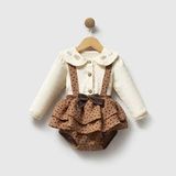 ministok Mocha Bloom Yakası Nakış Detaylı Puantiyeli 2'li Kız Bebek Salopet Takım - 9 - 12 Ay - Kahverengi