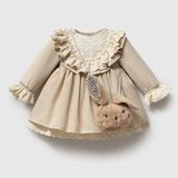 ministok Petit Rabbit Yakası Fistolu ve Oyuncak Aksesuarlı Kız Bebek Elbise - Bej - 18 - 24 Ay