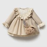 ministok Petit Rabbit Yakası Fistolu ve Oyuncak Aksesuarlı Kız Bebek Elbise - Bej - 6 - 9 Ay