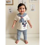 Minitix Denizci Temalı Kız Bebek 2’li Takım Çizgili Alt Baskılı Üst Pamuklu Yazlık Takım - 18 Ay - Beyaz - Mavi