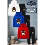 MINIXLARGE 3LU Set Çocuk Unisex Kiz Leoparli Kurdale Baskılı Kapşonlu Eşofman Takımı