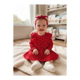 Minixobaby Kalp Desenli Fırfırlı ve Kurdele Detaylı Altı Çıtçıtlı Pamuklu Bebek Zıbın Elbise & Saç Bandı Takımı