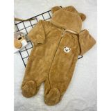 Minizade Wellsoft Peluş Unisex Fermuarlı Patikli Kışlık Bebek Uyku Tulumu Çocuk Tulumu Çocuk Kostümü - Kahverengi - 6 - 9 Ay