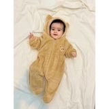 Minizade Wellsoft Peluş Unisex Fermuarlı Patikli Kışlık Bebek Uyku Tulumu Çocuk Tulumu Çocuk Kostümü - Kahverengi - 9 - 12 Ay