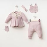 Minizeyn Linda Kız Bebek 5'li Hastane Çıkışı Takımı, Dantel Yakalı, 0-3 Ay, Krem, Lila, Gülkurusu (Lila)