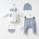 Minizeyn Mavi Erkek Bebek Zıbın Seti 5 Parça 7087 - Beyaz - Mavi - 0 - 1 Ay