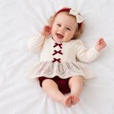 Minizeyn Oliva Romper Kız Bebek Elbise %100 Pamuk Dantel Detaylı Bordo Fiyonklu Premium Tasarım 2 Parça Takım - 3 - 6 Ay