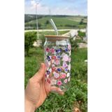 Minnaco estetik Tasarım Desenli Bambu Kapaklı Cam Kahve Bardağı - 500 ml Soğuk Kahve Smoothie ve Meşrubat Bardağı - 001-Renkli