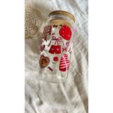 Minnaco ⁠estetik Tasarım Desenli Bambu Kapaklı Cam Kahve Bardağı - 500 ml Soğuk Kahve Smoothie ve Meşrubat Bardağı - 08 Kırmızı