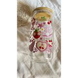 Minnaco ⁠estetik Tasarım Desenli Bambu Kapaklı Cam Kahve Bardağı - 500 ml Soğuk Kahve Smoothie ve Meşrubat Bardağı - Açık Pembe - Kırmızı - Sarı