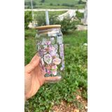 Minnaco ⁠estetik Tasarım Desenli Bambu Kapaklı Cam Kahve Bardağı - 500 ml Soğuk Kahve Smoothie ve Meşrubat Bardağı - Açık Pembe - Mor