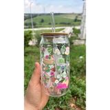 Minnaco ⁠estetik Tasarım Desenli Bambu Kapaklı Cam Kahve Bardağı - 500 ml Soğuk Kahve Smoothie ve Meşrubat Bardağı - Açık Yeşil