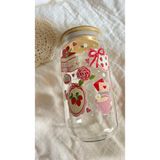 Minnaco ⁠estetik Tasarım Desenli Bambu Kapaklı Cam Kahve Bardağı - 500 ml Soğuk Kahve Smoothie ve Meşrubat Bardağı - Kırmızı - Pembe - Beyaz