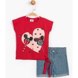 Minnie Mouse Lisanslı Kız Çocuk Tişört ve Kot Şortlu 2li Takım 15543 - 3 Yaş - Kırmızı