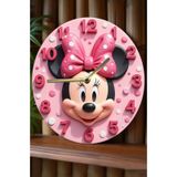 Minnie Mouse Temalı Pembe Mdf Duvar Saati 3d Görünümlü, Sessiz Mekanizmalı, 2d Hd Baskı Sdw235 Renkli