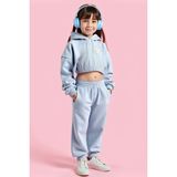Minojoy Gro Mavi Pamuklu Kız Çocuk Crop Sweatshirt Eşofman Altı Takım - 11 - 12 Yaş