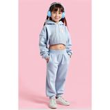 Minojoy Gro Mavi Pamuklu Kız Çocuk Crop Sweatshirt Eşofman Altı Takım - 7 - 8 Yaş