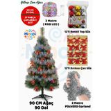 Minopi 90 Cm Yılbaşı Çam Ağaç Seti 3 Metre RGB Led Işıklı Ve Yılbaşı Süsleri Paketi Christmas Tree