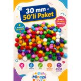 Minopi Renkli Simli Ponpon Peluş Top 50'li Paket 30 mm Hobi Tasarım Anasınıfı Kreş Etkinlik Elişi