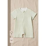 Minory Baby - Fermuarlı Çizgili Kısa Kollu Yazlık Bebek Tulum - Yeşil - Beyaz - 6 - 9 Ay