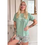 Mint Fabulous Desenli Kısa Kollu Şortlu Örme Kadın Pijama Takımı - Mint Yeşili