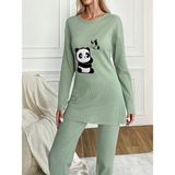 Mint Panda Nakışlı Bisiklet Yaka Boru Paça Fitilli Kaşkorse Ikili Takım - XL