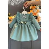 Mint Yeşili Fırfır Ve Dantel Detaylı Vintage Krep Tasarım Kız Çocuk Bebek Elbise