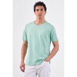 Mint Yeşili V Yaka Pamuklu Düz Renk Slim Fit Erkek T-shirt - 3XL