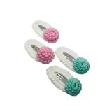 Mint Yeşili ve Pembe Motifli 4'lü Örgü Çıtçıtlı Saç Tokası (5cm) Çok Renkli Tek Ebat