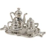 Minyatür Metal Çaydanlık Demlik Fincan Tepsi Set Gümüş Renk Bebek Evi Çocuk Oyuncakları Için