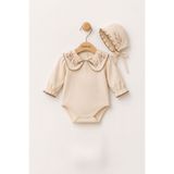 Minytrendy Kız Bebek Vintage Romper Takım Nakış Yakalı Boneli Body Yenidoğan Tulum Konsept Kıyafet Hediyelik