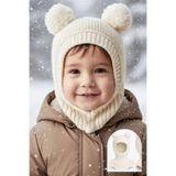 Minytrendy Kız Erkek Bebek Çocuk Omuzlu Triko Balaklava Bere Kar Maskesi Ponponlu Bere Ekru