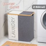 MIO-103 Bambu 2 Bölmeli Banyo Kirli Çamaşır Sepeti Banyo Düzenleyici Sepet 59X53,5 cm - 59 x 53,5 cm - Beyaz - Gri