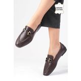 Mio Gusto Manon Hakiki Deri Kahverengi Zincir Aksesuarlı Küt Burunlu Kadın Loafer Ayakkabı