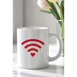 Mio Life Kalp Wifi Simgeli 330ML Baskılı Beyaz Seramik Kupa Bardak - 100 Adet