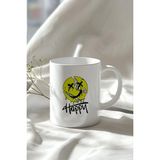 Mio Life Mutlu Emoji Tasarımlı 330ML Baskılı Beyaz Seramik Kupa Bardak - 100 Adet