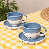 Mions Amor 2'li Altlıklı Premium Stoneware Seramik Fincan – El Yapımı Türk Kahvesi ve Espresso Fincanı - 2 Adet - Mavi