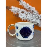 Miora Seramik El Yapımı Deniz Kabuğu Ve Nazar Boncuğu Desenli Seramik Fincan 200 ml – Altın Kulp Kupa - Mavi - Altın