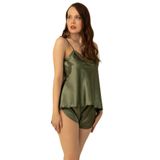 Miorre İnce Askılı Güpürlü Saten Şortlu Takım Yağ Yeşili L-XL Pijama Takımı