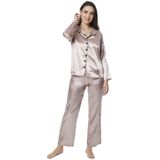 Miorre Kadın Uzun Kollu Önden Düğmeli Saten Pijama Takımı SÜT KAHVE M-L
