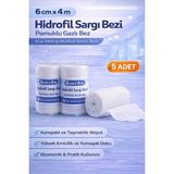 Mir Kitap 6 cm x 4 M Hidrofil Sargı Bezi Pamuklu Gazlı Bez Kısa Metraj Medikal Sarım Bezi 5 Adet