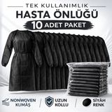 Mir Kitap Tek Kullanımlık Hasta Önlüğü 10 Adet Nonwoven Kumaş Uzun Kollu Standart Beden Siyah