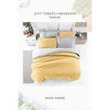 Mira Home Çift Kişilik Nevresim Takımı Pamuklu Çift Taraflı Lastikli Çarşaflı Hardal Gri